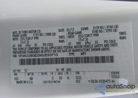 2017 Ford Escape Se из США, поврежденный, VIN 1FMCU9GD3HUE03713